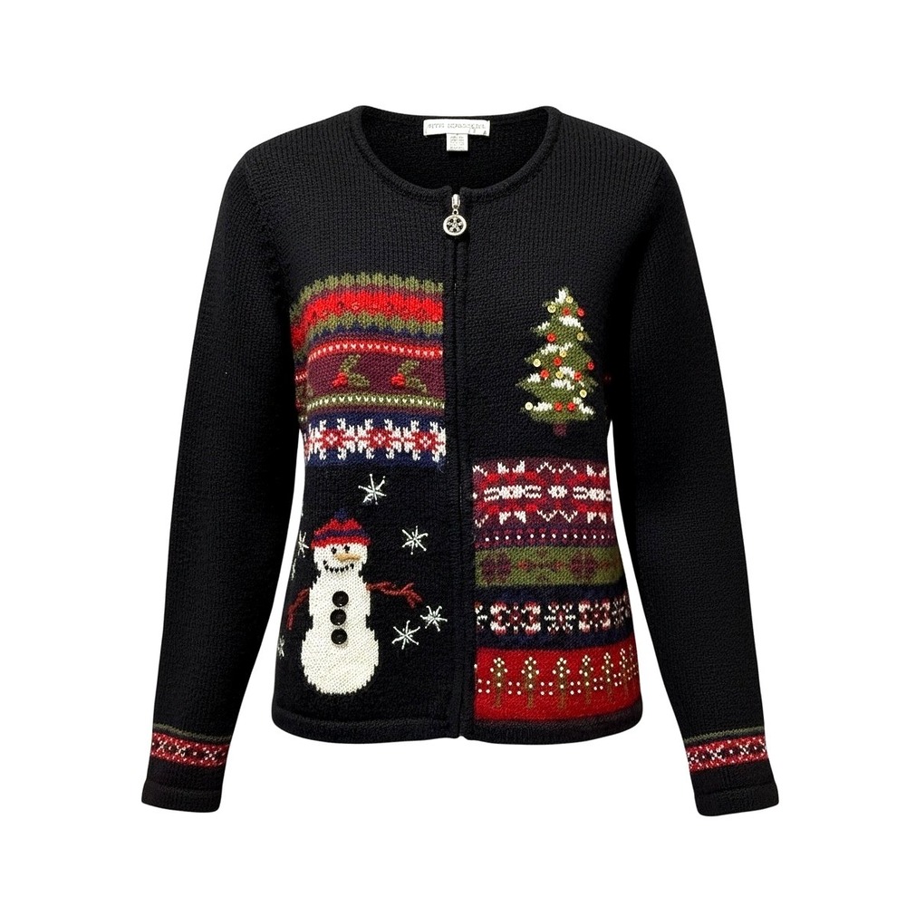 Vtg Wool Nordic Zip Cardigan Sweater Snowman Tree Holiday Fair Isle M Hong Kong